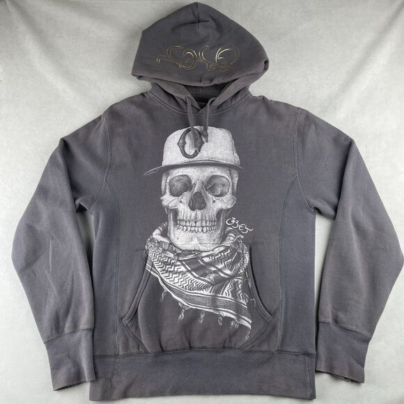Obey Hoodie Mens M Gray Skull Graphic Pullover Fleece Sweatshirt Streetwear Rare - Picture 1 of 8